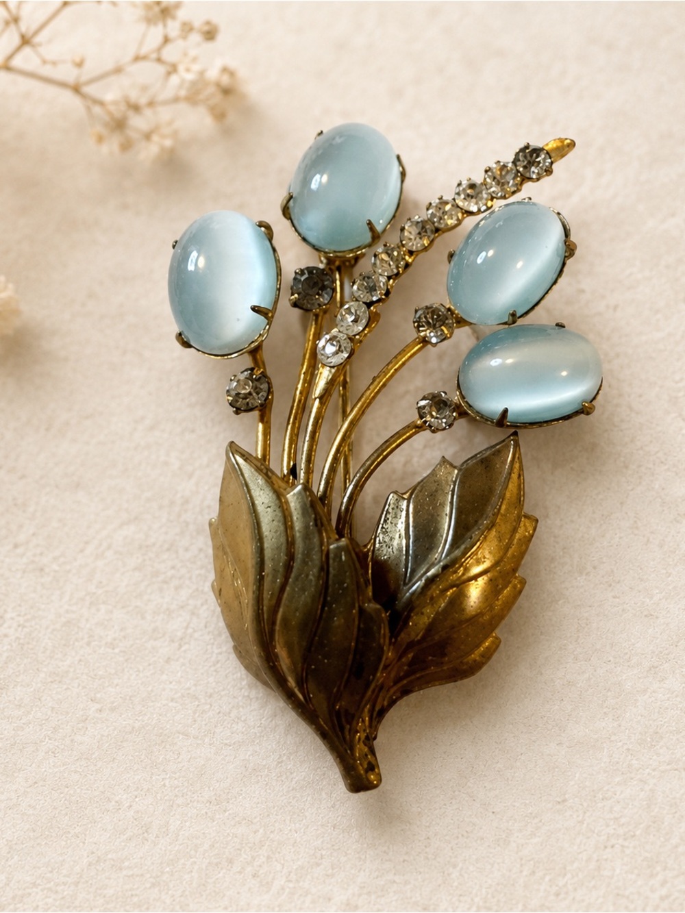 Brooch - Vintage mid-century sky blue and rhinestone brooch